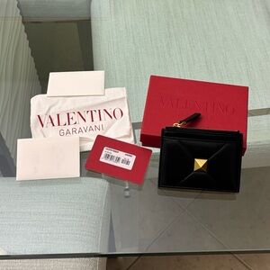 Authentic Valentino Garavani Nappa Roman Black Card Holder with Gold Detail